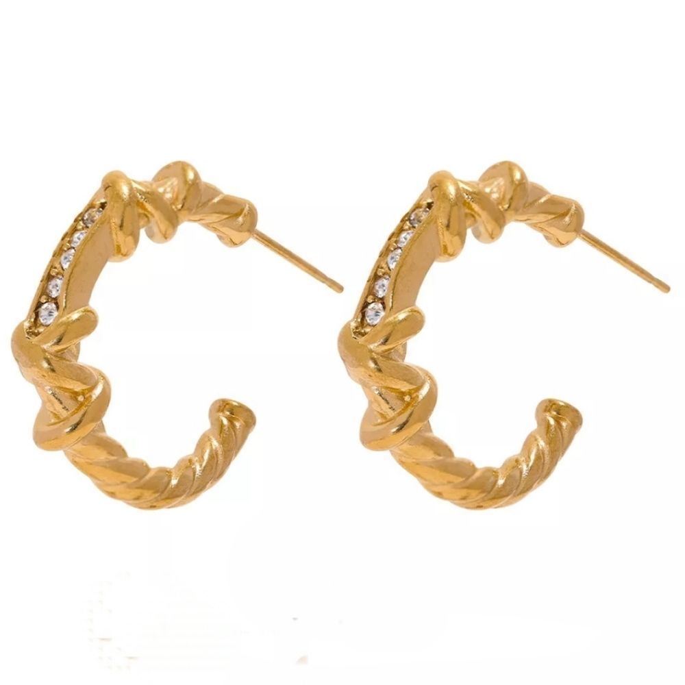 18k Gold Plated Twisted Textured Rhinestone Stainless Steel Statement Earrings